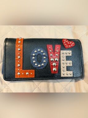 Brighton Leather "LOVE" Studded Organizer Wallet - Black/Blue